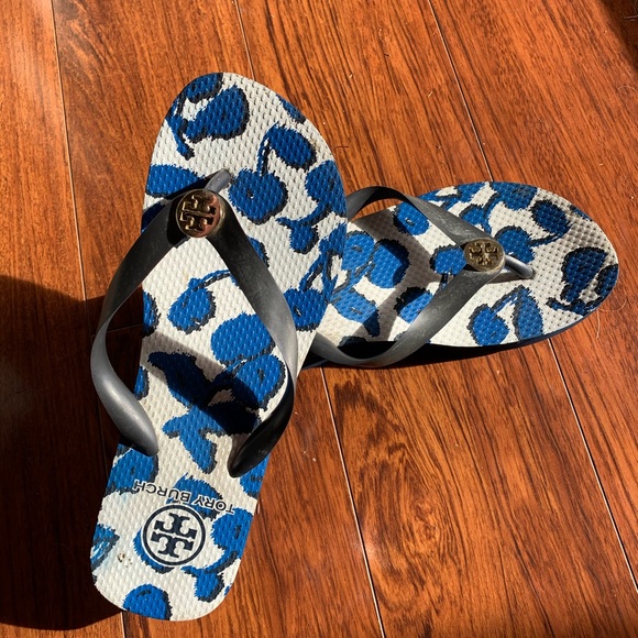 Tory Burch Shoes - Tory Burch Blue and White Wedge Flip Flops